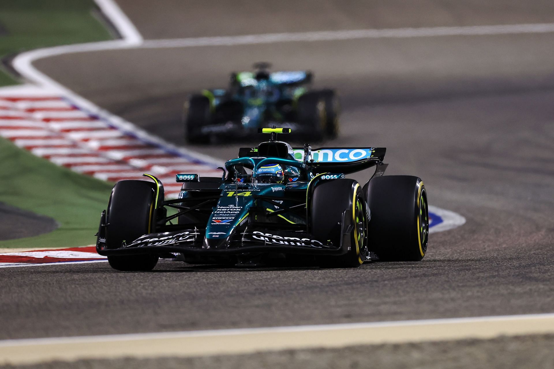 Fernando Alonso (14) leads teammate Lance Stroll (18) during the Bahrain Grand Prix. Source: Getty